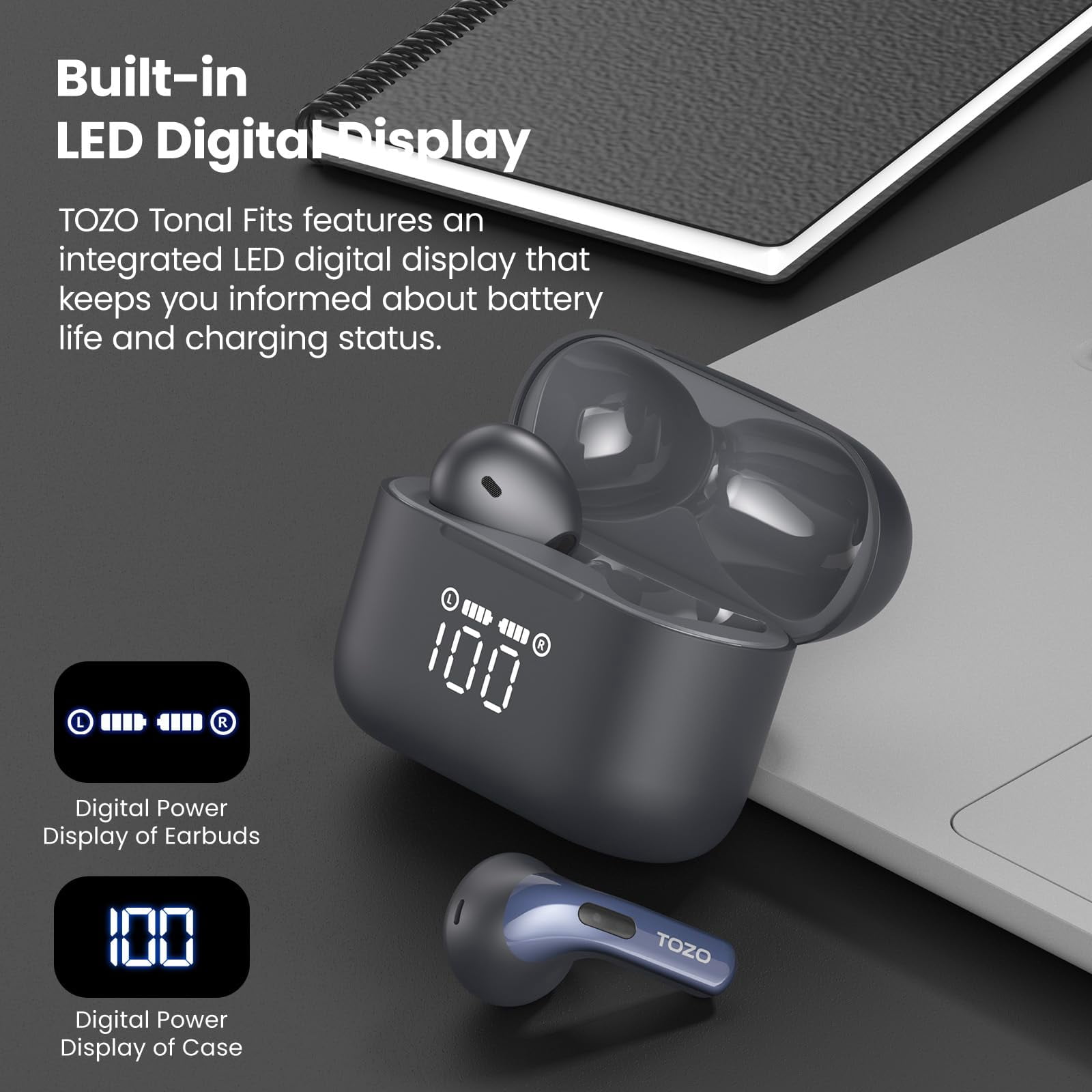 TOZO ANC ENC Wireless Earbuds Bluetooth 5.3 Headphones Stereo Ear buds IPX8 Waterproof in-Ear Earphones 44H Playback 2 DNS Noise Cancelling Mic Wireless Charging Case Dual LED Display for iOS Android