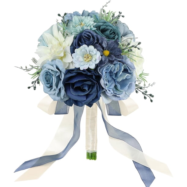 Ramos de boda para novia, dama de honor, rosas artificiales de color azul polvoriento, ramos de novia para novia, boda, propuesta de matrimonio, fiesta, decoración de iglesia