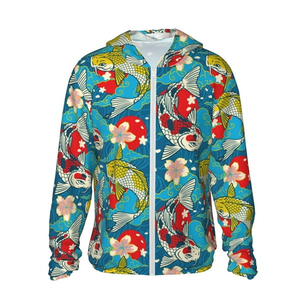 Balery Japanese Koi Sudadera ligera de manga larga con capucha y protección solar UPF 50+ para hombre y mujer, ideal para pesca y running-3X-Large