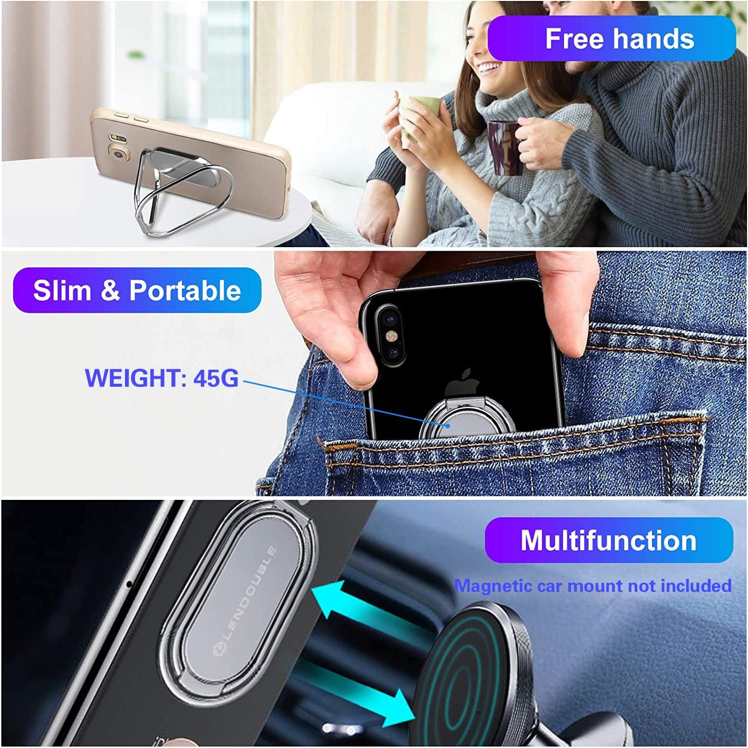MKEUDQ-Foldable Cell Phone Stand for Desk, Adjustable Cellphone Ring Holder Finger Kickstand for Office Desktop & Magnetic Car Mount, Rotatable Multi-Angle Hand Grip for iPhone 16 15 Smartphones Back