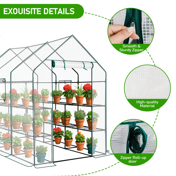 Alvantor Large Walk-In Greenhouse with PE Cover, 12-Shelf Indoor Outdoor Garden Plant Shelves, Roll-Up Door & Side Windows, 56"x85"x77"