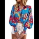 thumbnail image 3 of Blusa con Estampado Floral para Mujer, Larga, Botones, Informal, Elegante, Azul, Talla M, 3 of 10