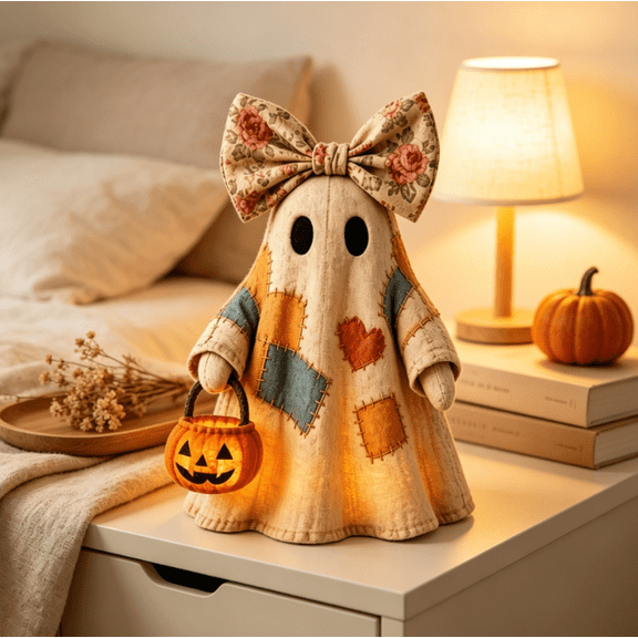 Cute Spooky Lighted Vintage Patchwork Ghost, Illuminated Halloween Figurine with Pumpkin Lantern, Retro Farmhouse Fall Decor for Entryway, Shelf, Fireplace & Desk