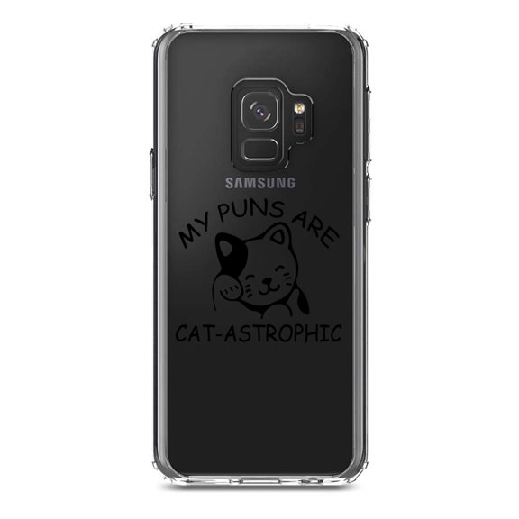 DistinctInk Clear Shockproof Hybrid Case for Samsung Galaxy S9 (5.8" Screen) - TPU Bumper Acrylic Back Tempered Glass Screen Protector - My Puns Are Cat-Astrophic