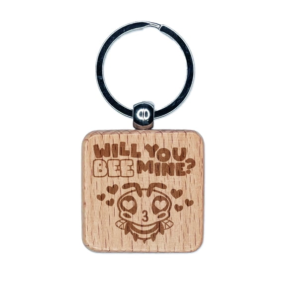 Will You Bee Mine Square Keychain Charm Tag - Engraved Wood