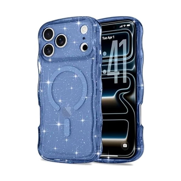 Magnetic for iPhone 17 Pro Max Case Clear, Sparkly Bling Glitter Cute Curly Wave Bumper Cover for Women Girls Compatible with MagSafe TPU Shockproof Phone Case for iPhone 17 Pro Max, Deep Blue