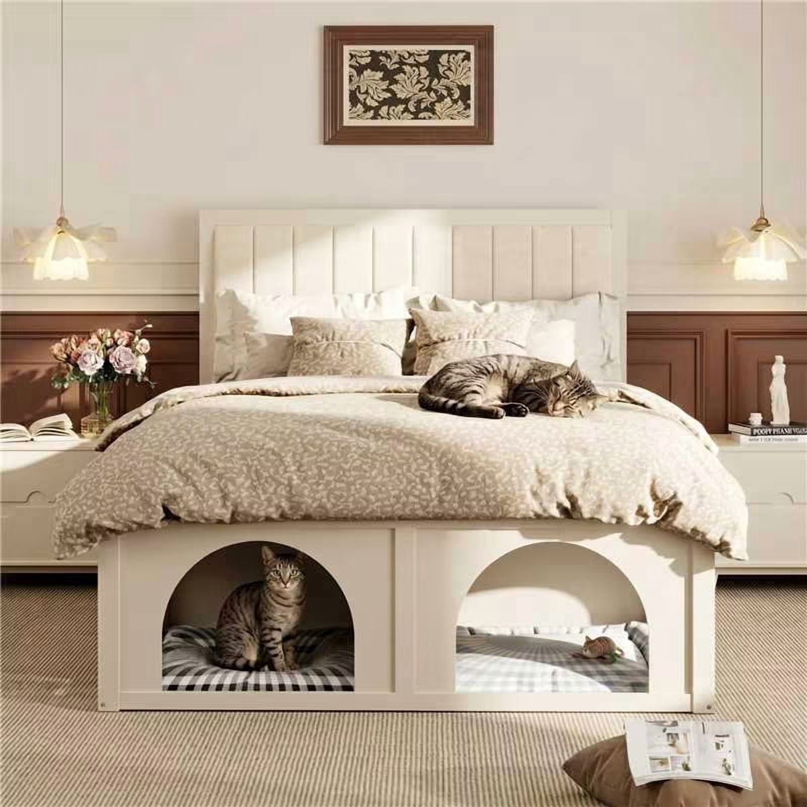 Mintazer Queen Size Upholstered Platform Bed Frame with Under‑Bed Pet Nook, Channel Tufted Headboard Bed for Bedroom, Beige
