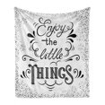 thumbnail image 1 of Enjoy the Little Things Soft Flannel Fleece Throw Blanket, Hand Lettering with Paisley Motifs and Dotted Frame Design, Cozy Plush for Indoor and Outdoor Use, 50" x 60", Black and White, by Ambesonne, 1 of 6