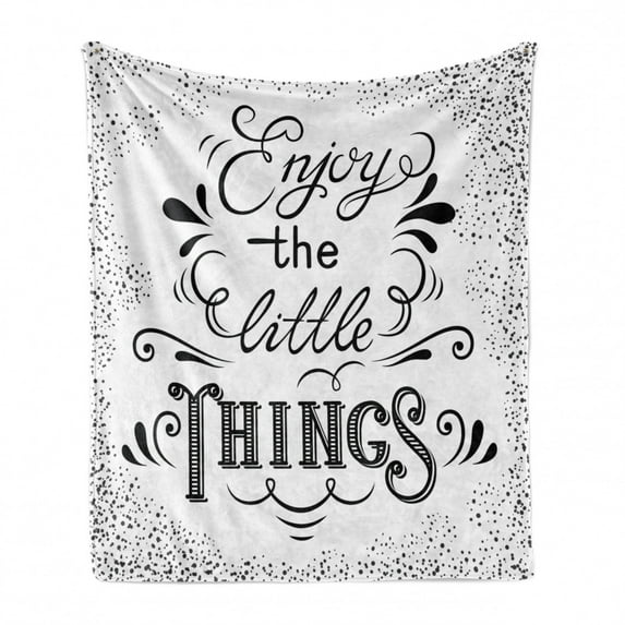 Enjoy the Little Things Soft Flannel Fleece Throw Blanket, Hand Lettering with Paisley Motifs and Dotted Frame Design, Cozy Plush for Indoor and Outdoor Use, 50" x 60", Black and White, by Ambesonne