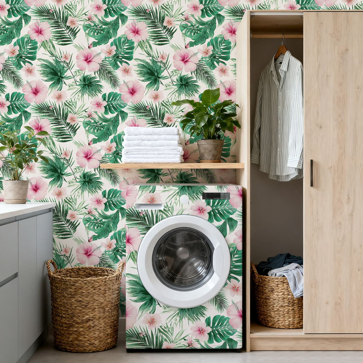 Peel and Stick Wallpaper Tropical Hibiscus Palm Leaf Pink Green Wall Mural 17.7in x 9.8ft Self Adhesive Removable Wall Paper Renter Friendly Wallpaper for Nursery Bedroom Cabinets