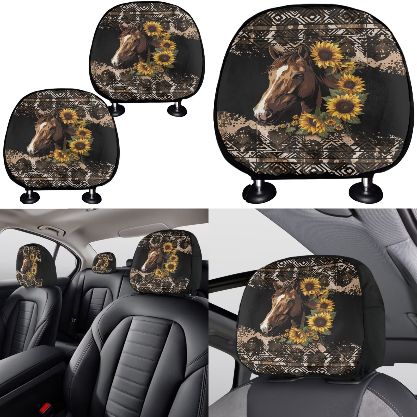 Garronmavis Aztec Horse Car Accessories Set Steering Wheel Wrap Gear Shift Cover Handbrake Sleeve Headrest Protectors Cup Coasters Easy to Install Air Breath in Summer Universal Interior Accessories