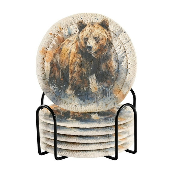 Bear 6 Pcs Drink Coasters with Holder Absorbent Coasters Woven Coasters for Drinks Table Desk Protection Home Decor