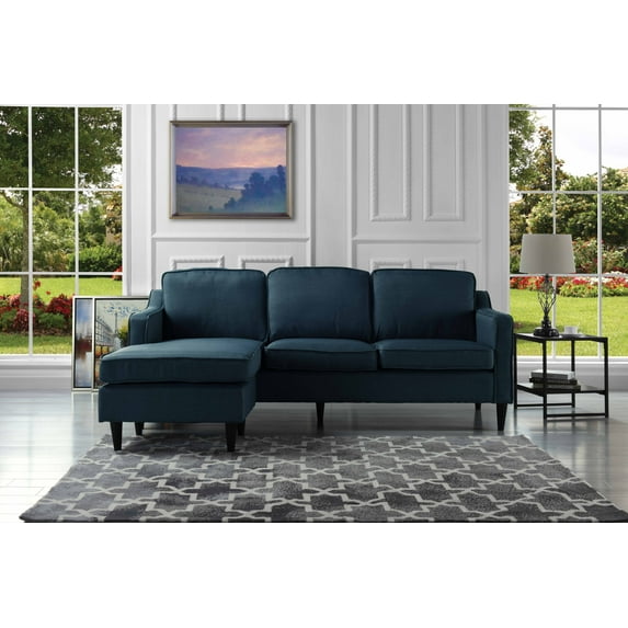 Mid Century Sectional Sofa, Linen Fabric L Shape Couch, Polo Blue