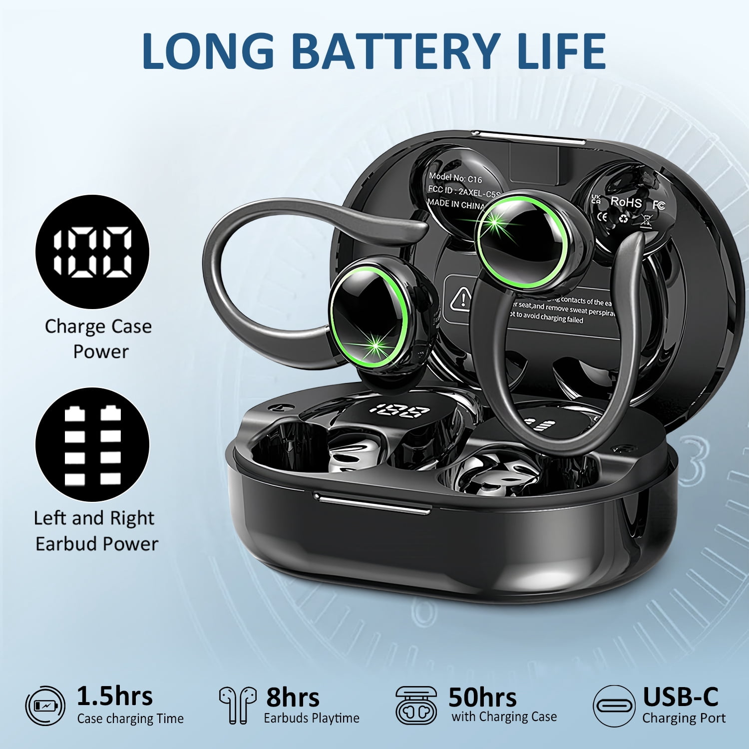 Wireless Earbuds, Bluetooth 5.4 Headphones Sports, 50H Playback Over Ear Earbuds with ENC Noise Cancelling Mic, Deep Bass Fitness Earphones Gym Running Workout with Earhooks, IP7 Waterproof Headset