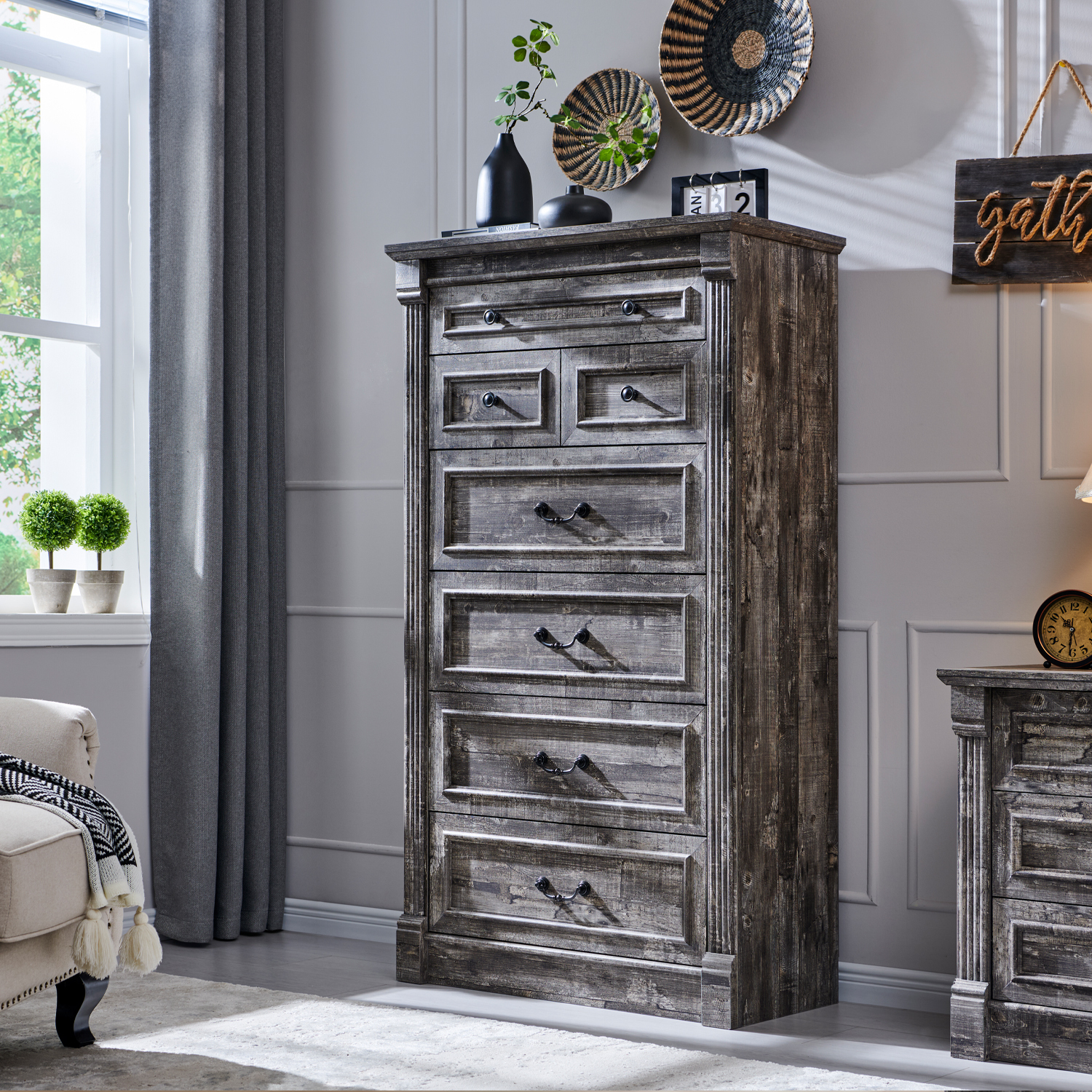 wow97e Farmhouse 7 Drawers Dresser for Bedroom, 57" Tall Wooden Chest of Drawers w/Roman Column, Storage Dressers for Hallway, Living Room