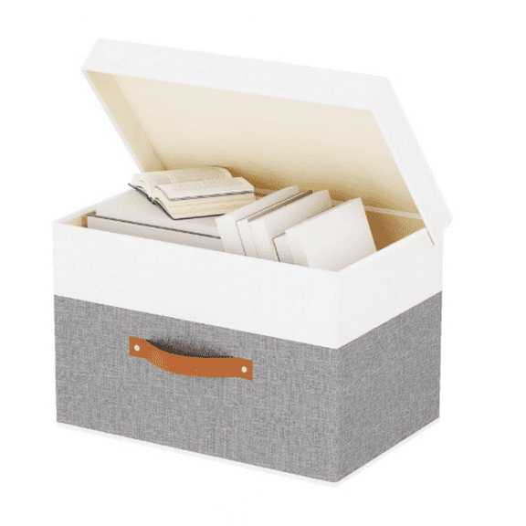 Fabric Storage Boxes with Lids, Linen Foldable Cloth Baskets, Closet Organizer Containers with Double Handles, Sweater Bins for Bedroom, White and Grey, 1 Pack, 13 x 9.1 x 7.9 Inch