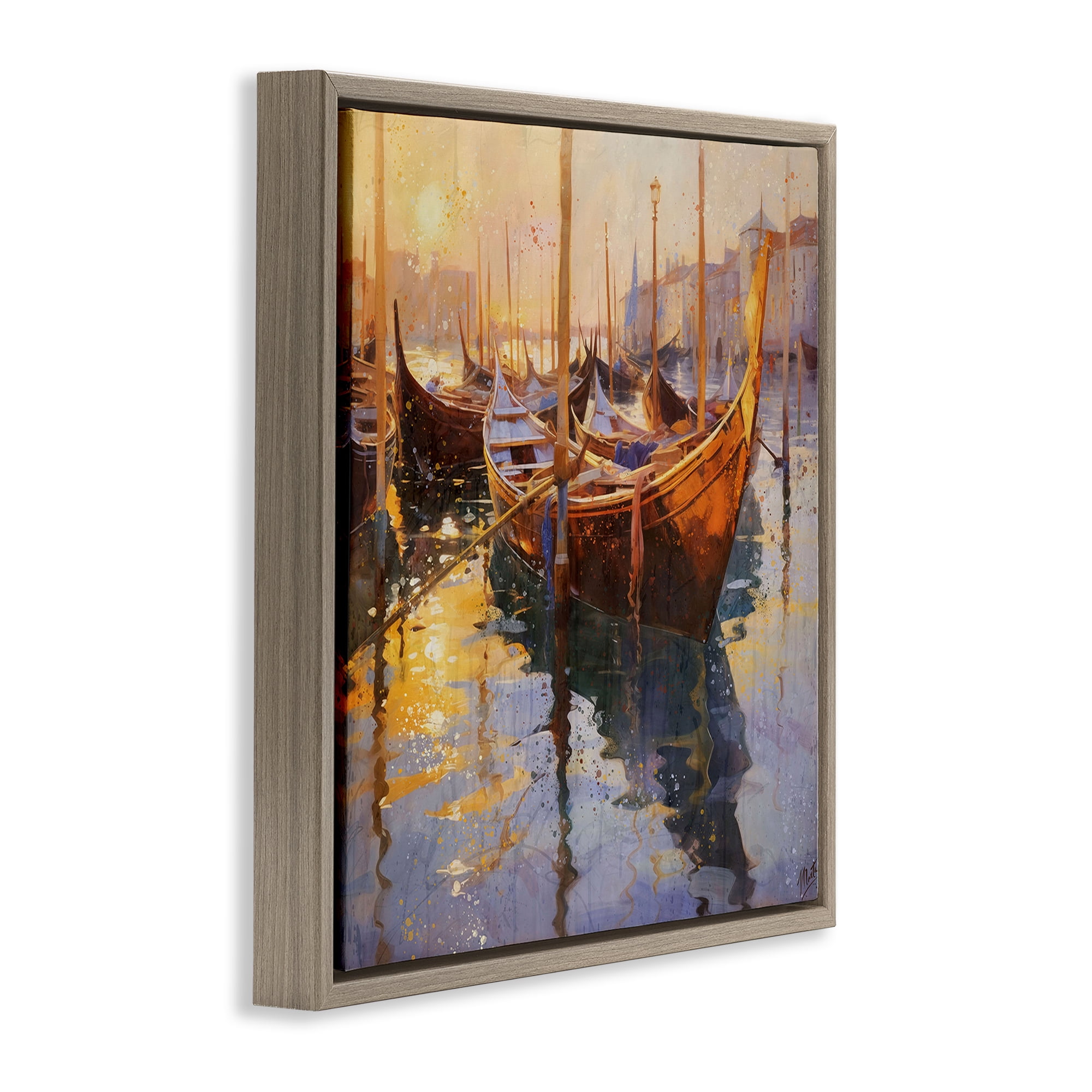Stupell Industries Venetian Gondolas in Golden Light Brown Framed Floater Canvas Wall Art, design by Marta Wiley