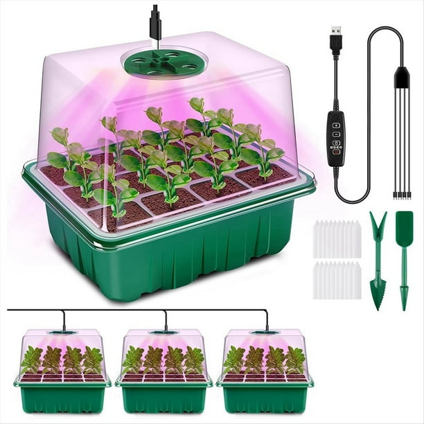 Paquete de 4 Bandejas para Sembrar Semillas con Luz de Cultivo, Kit para Sembrar Semillas con Controlador de Tiempo y Brillo Ajustable.