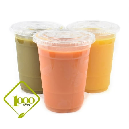 16 Ounce Plastic Lid - (1000 Sets) Plastic Disposable Cups with Lids - Premium 16 oz (ounces) Crystal Clear PET for Cold Drinks Iced Coffee Tea Juices Smoothies Slushy Soda Cocktails Beer Kids Safe (16oz Cups + Flat Lids)