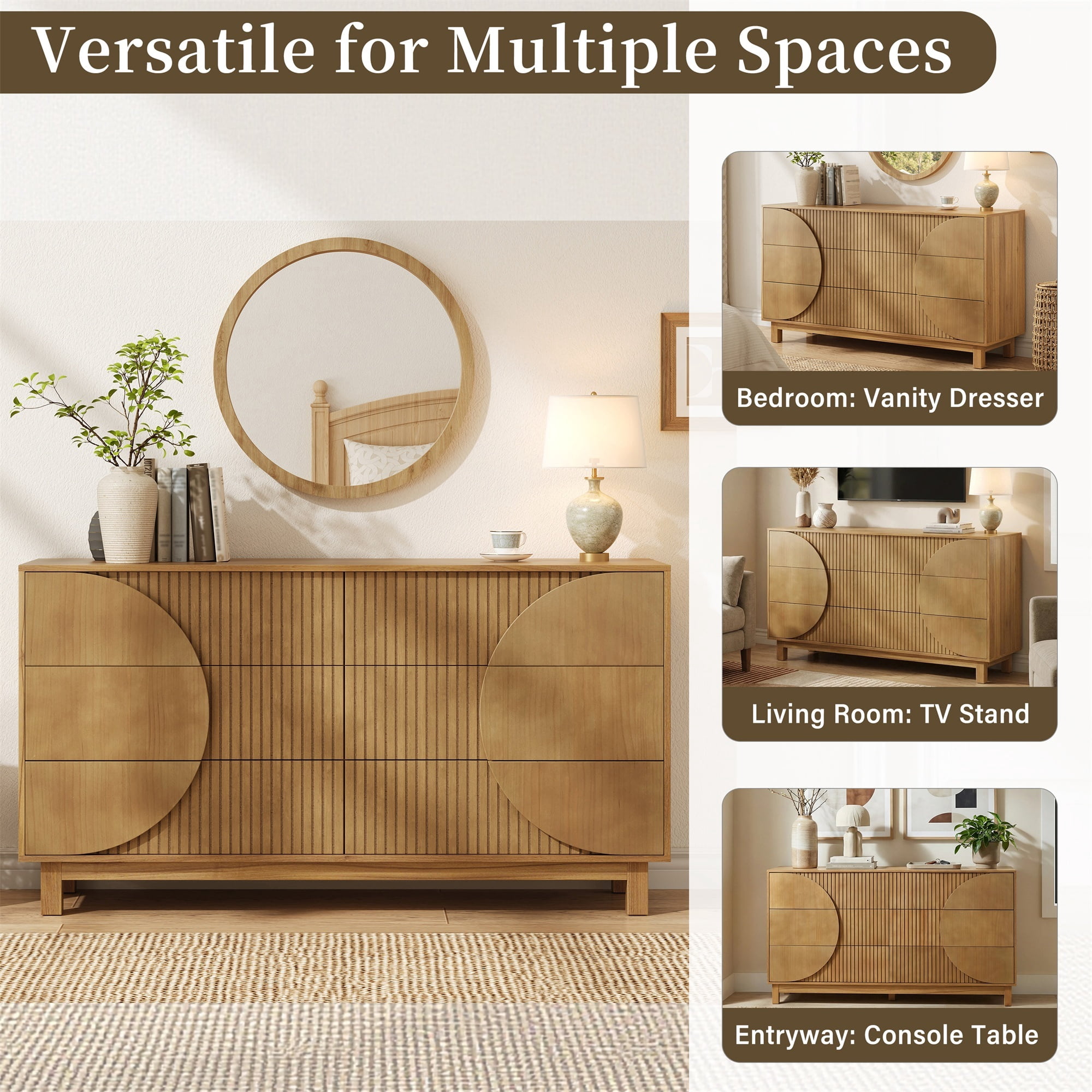 Alvantor 6 Drawer Dresser, 60" Wide Wooden Chest of Drawers with Upgraded Stable Base, Fluted Dresser for Bedroom Brown