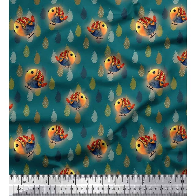 Soimoi Polyester Crepe Fabric Feather & Bird Cartoon Printed Fabric 1 Yard 42 Inch Wide