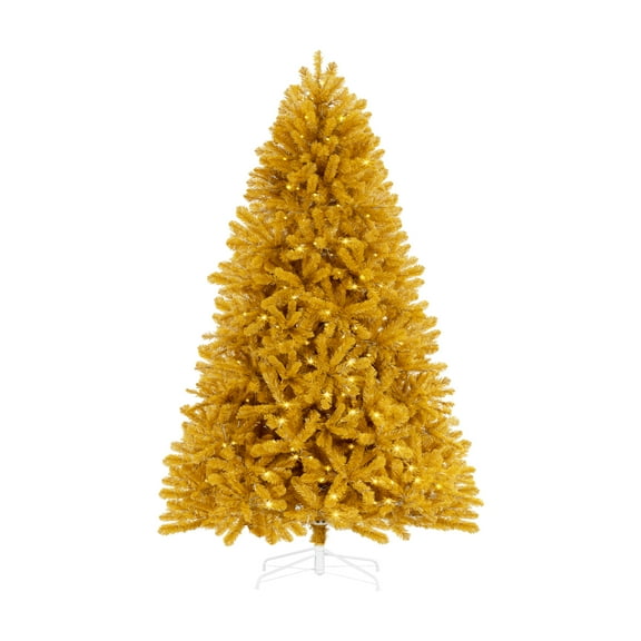 6.5ft Gold Christmas Tree with Lights, Tree Prelit with 978 Branch Tips, 450 Warm Lights and Metal Stand by Homestock