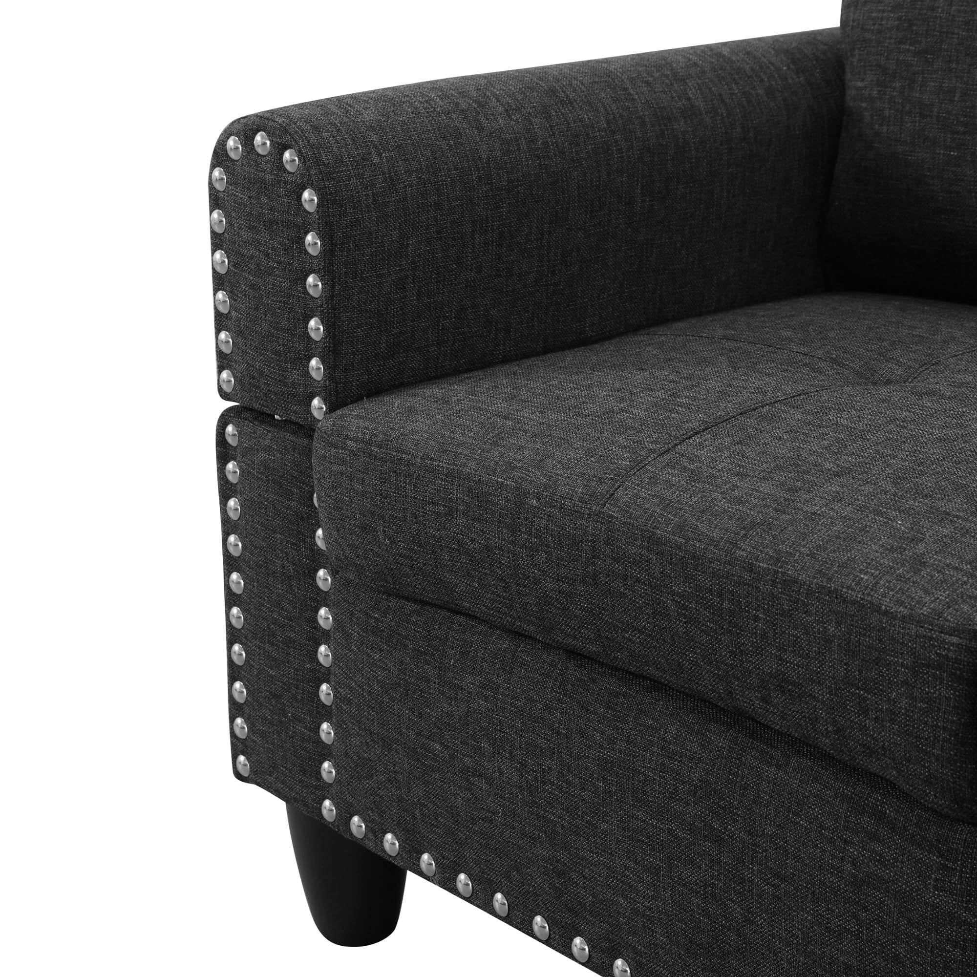 L-Shaped Linen Sectional Sofa with Right Chaise, Modular Tufted Couch Nail-Head Lounge Sofa for Living Room, Black