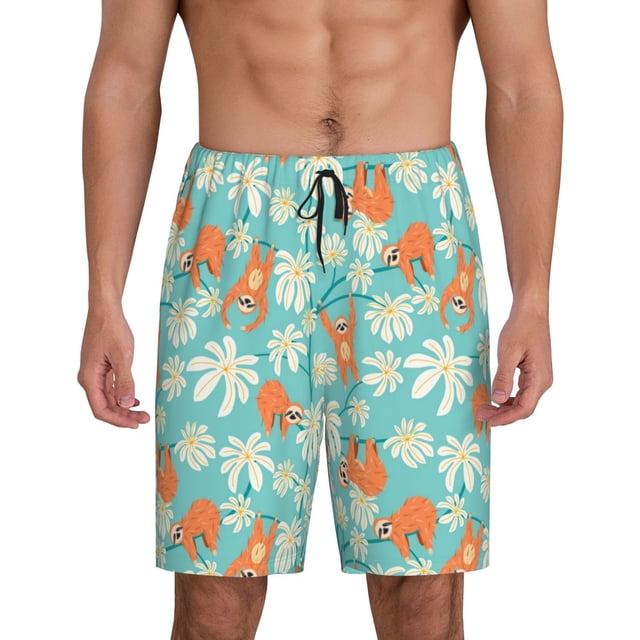 Balery Cute Sloth on Floral Tree Pantalones cortos de pijama de punto de algodón para hombre con cinturilla y bolsillos-4X-Large