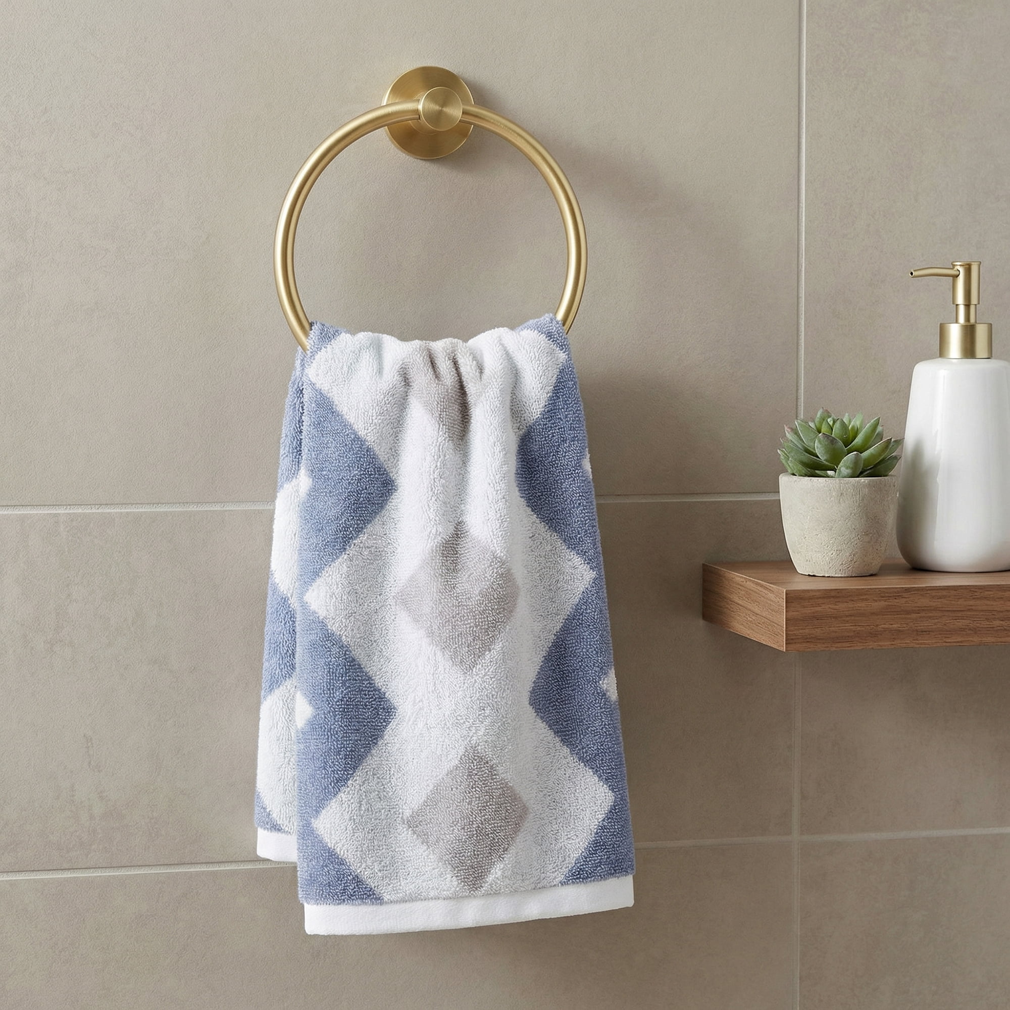 Unique Bargains Geometric Rhombus Cotton Soft Color Block Hand Towel Blue 4pcs 28" x 13"