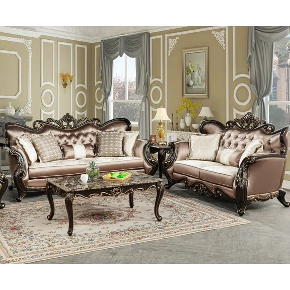 Luxurious 2 Pc Sofa Set w/ Pillows Gold Accent Wood Carvings Traditional Living Room Sofa and Loveseat, Brown/Espresso