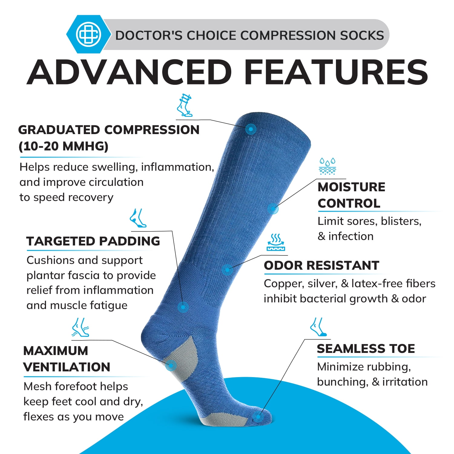 Doctor's Choice Over The Calf Women's Compression Socks, Large, Women's Shoe Size 10-13, 1 Pack