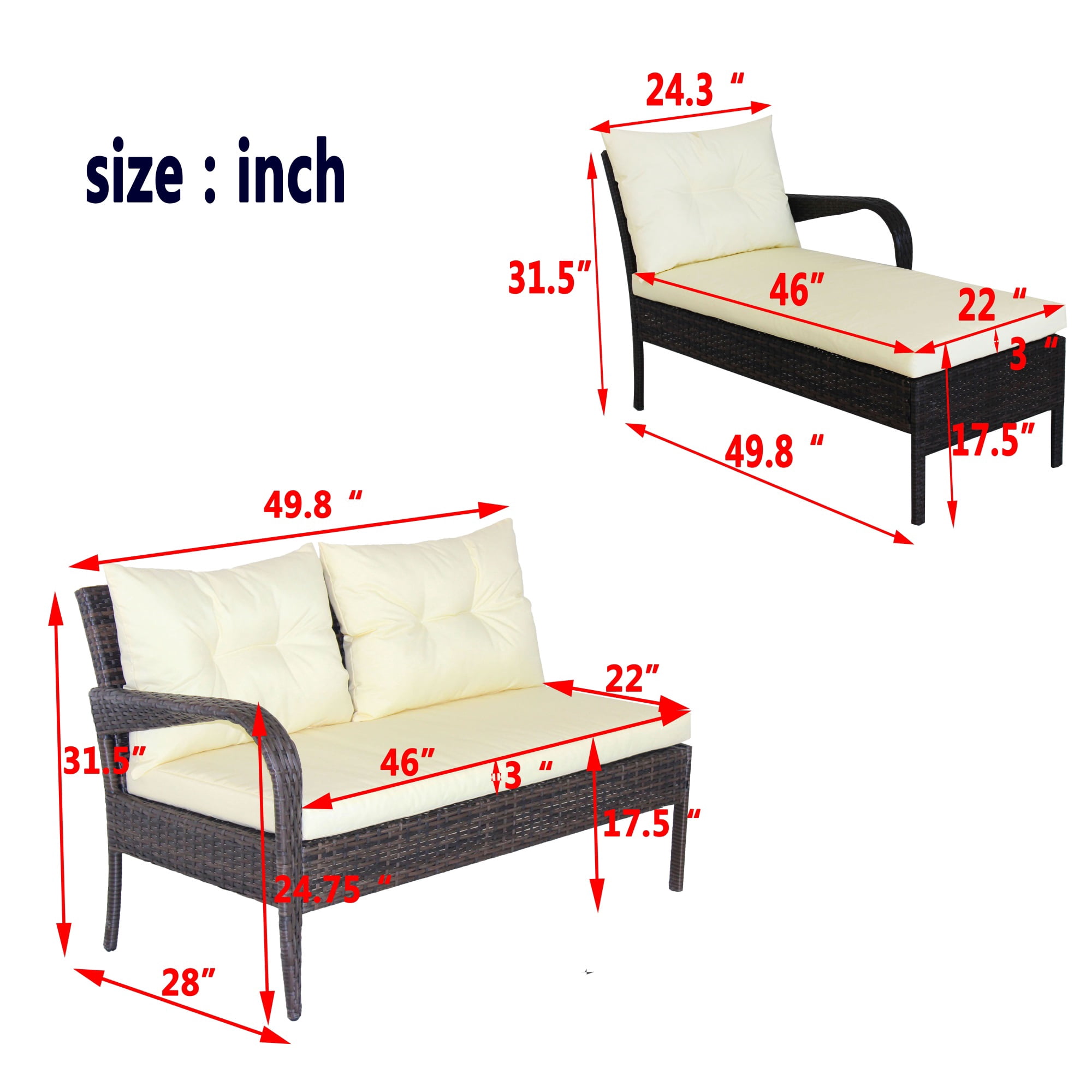 Hommoo 2-Piece Patio L-Shaped Outdoor Sofa Set for 3 People, Wicker Rattan Sectional Sofa with Cushion, Brown and Beige