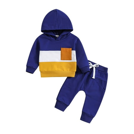 

MIASHUI Kids Boy Outfits Girls Long Sleeve Patchwork Colour Hooded T Shirt Pullover Tops Pants Outfits Boy Clothes Blue 6-12 Months