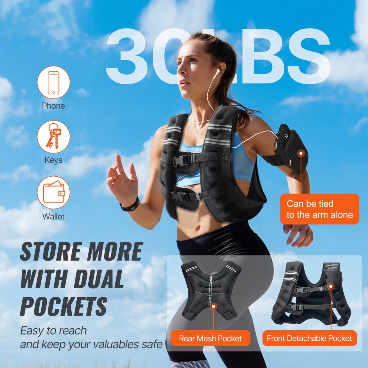 ZHICHUN 30lb Weighted Vest for Men & Women, Adjustable Strength Training Workout Equipment with Dual Storage Pockets & Reflective Stripes (Black)