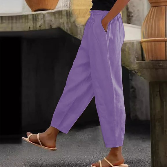 Lounge Pants Women Cotton Linen Casual Summer 2026 Elastic Waist Straight Leg Loose Drawstring Trousers Lightweight Baggy Lounge Plus Size Trousers