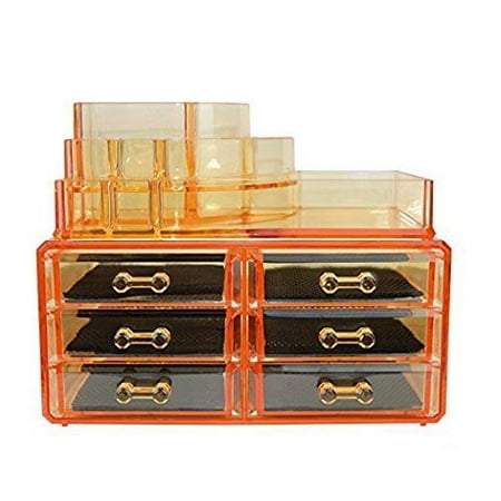 Yellow Orange Acrylic Cosmetics Makeup Organizer 3 Drawers With 16