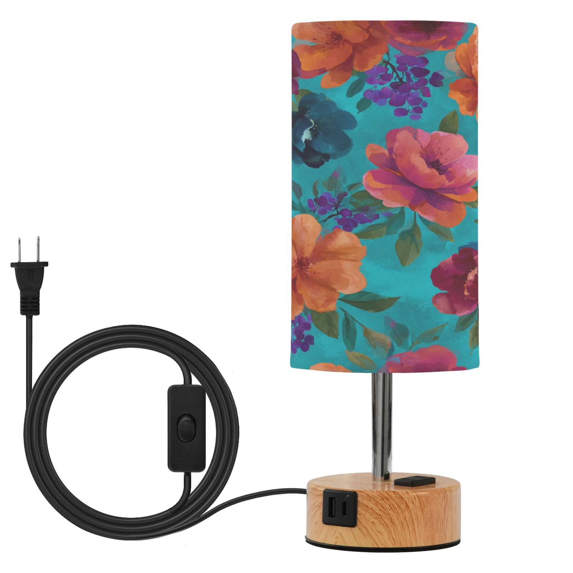 Touch Control Table Lamp with Wood Grain Metal Base 3 Color Temperature Adjustable LED Eye Caring Desk Lamp for Bedroom Study Bright Painted Florals