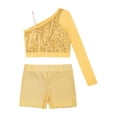 thumbnail image 4 of Doomiva Kids Girls Hip Hop Jazz Dance Outfits Sequins Mesh Long Sleeve One Shoulder Crop Top and Booty Shorts Set Gold 12, 4 of 7
