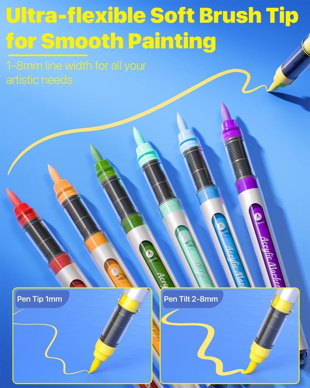JusArt Acrylic Paint Markers Brush Tip 24 Colors, Water-Based No-Bleed Markers with Automatic Ink Control, Waterproof Acrylic Paint Pens for Eggs, Fabric, Rock, Glass, Ceramic, Metal