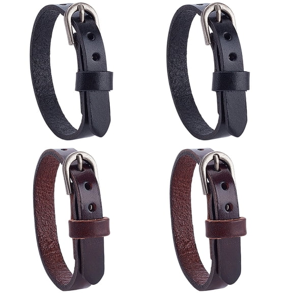 4PCS Genuine Leather Wristband Bracelet Retro Adjustable 2 Colors Simple Alloy Buckle Bangle Cowhide Leather Stirrup Straps Cuff Bracelet Jewelry DIY