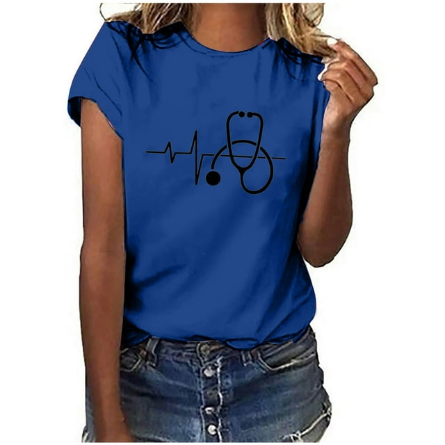 Womens Short Sleeves Print Nurses Day Casual Tops Pullover Blouse T-shirt