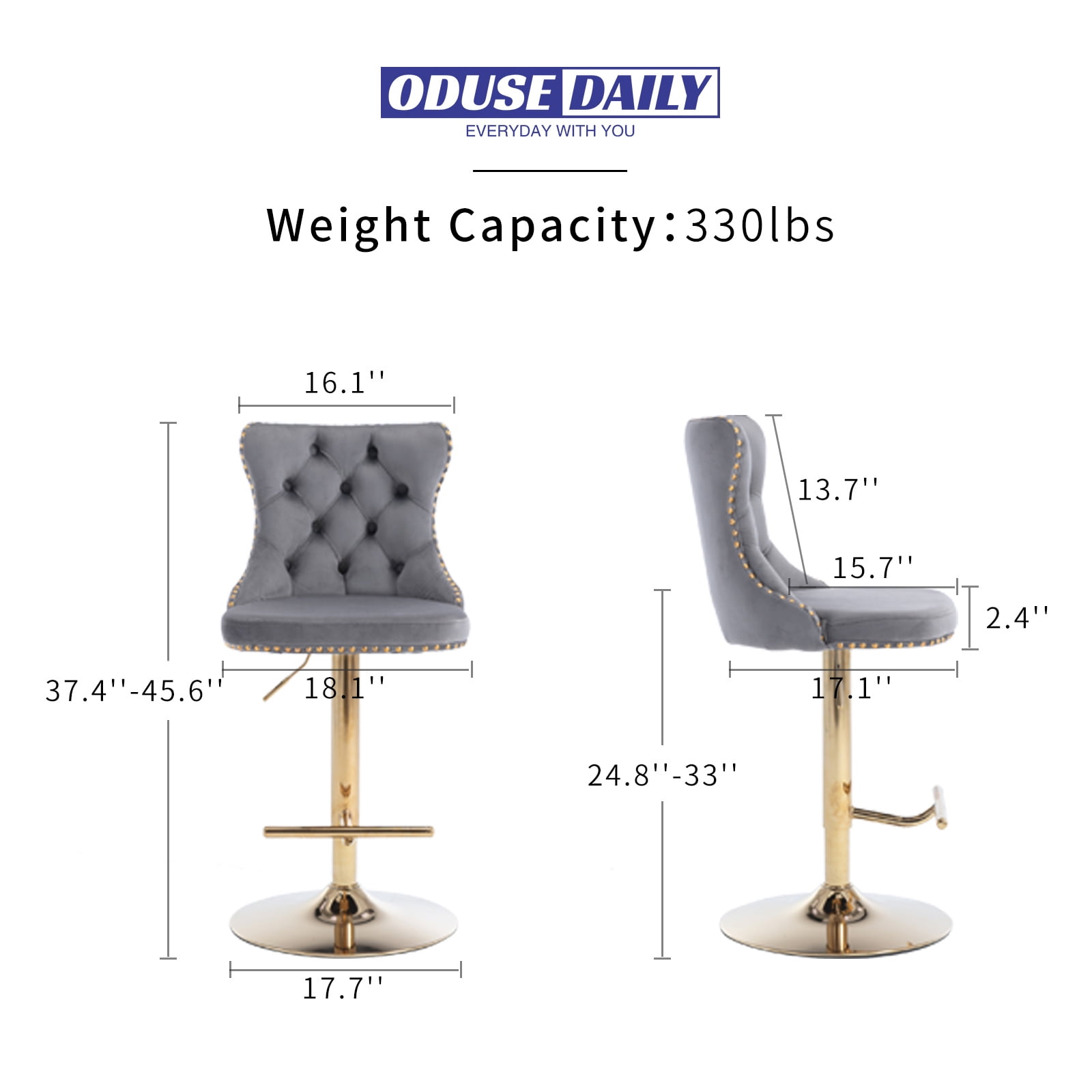 ODUSE-DAILY Gray Velvet Bar Stools Set of 2 - Adjustable Swivel Counter Height Chairs with Tufted Back and Nailhead Trim for Kitchen Island Pub Restaurant (2Pcs, Gold Metal, Grey)