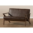 Baxton Studio Bianca Mid-Century Modern Walnut Wood Dark Brown Distressed Faux Leather 3-Seater Sofa