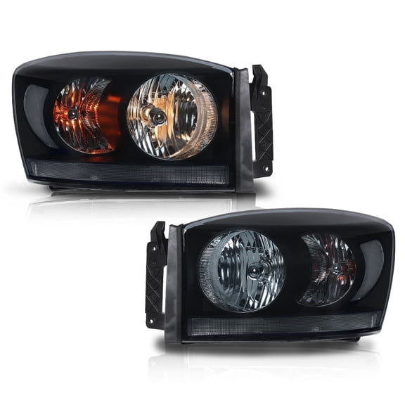 PIT66 Headlights Headlamps with Light Bar Pair  Smoky Lens Black Housing Clear Reflector Fit for Dodge Ram 1500 2006-2008/Fit Dodge Ram 2500 3500 2006-2009