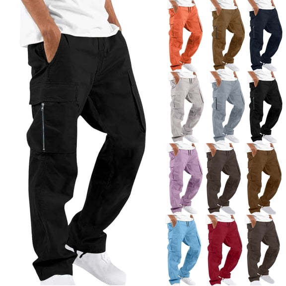Dvprdro Mens Cotton Cargo Pants Open Bottom Elastic Waist Fashion Casual Joggers Athletic Drawstring Pants with Multi Pockets