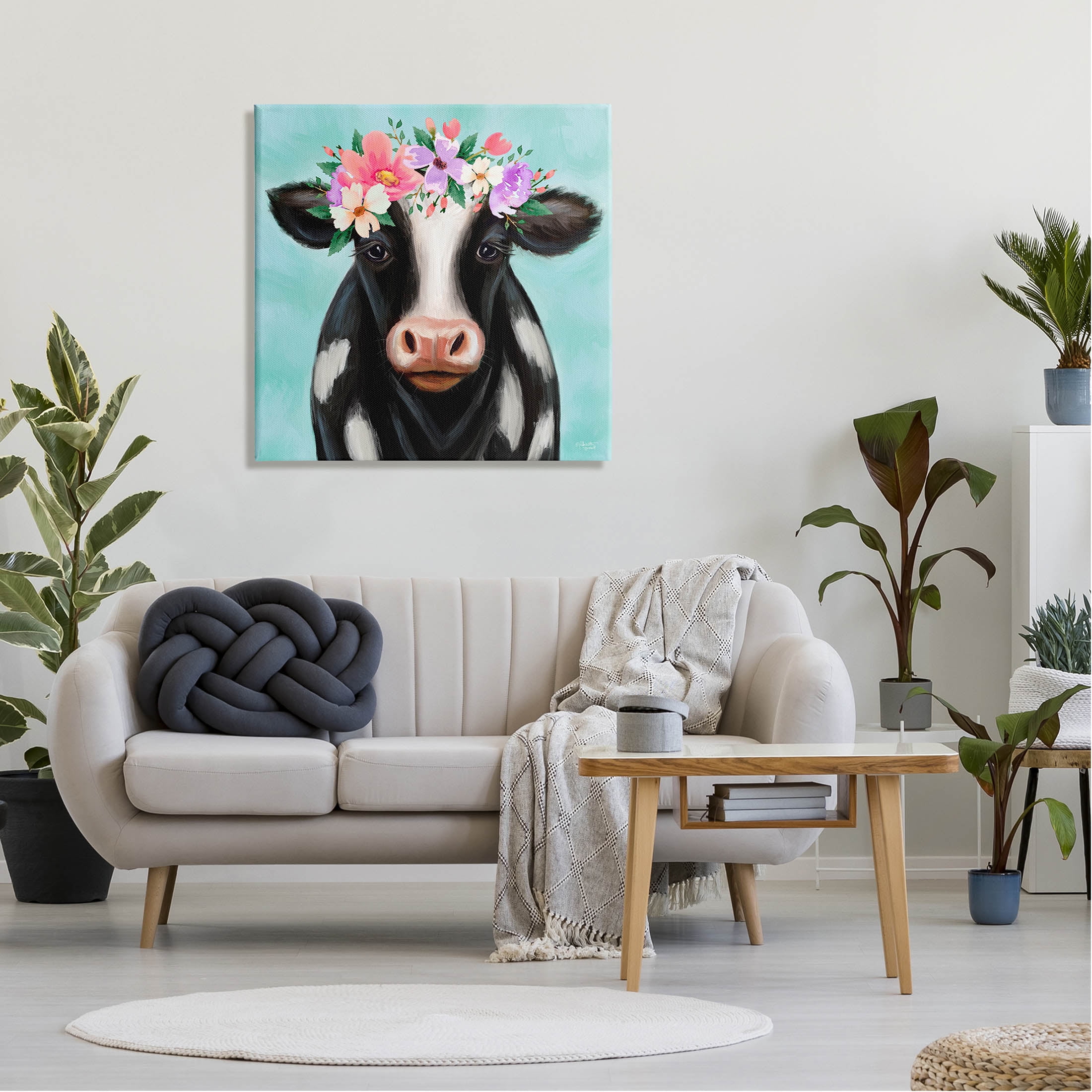 Stupell Industries Farm Cow Floral Turquoise Blossoms Painting Gallery Wrapped Canvas Print Wall Art, Design by Elizabeth Tyndall