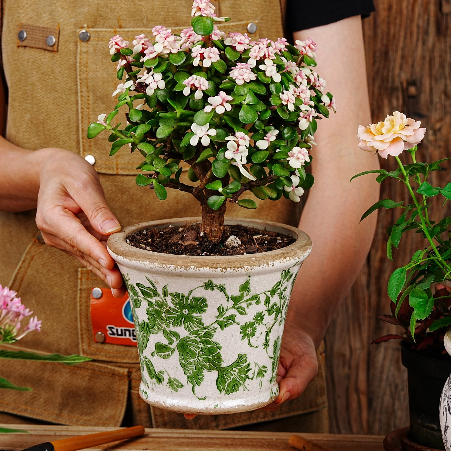 Sungmor Set of 2 Vintage Ceramic Flower Pots with Drainage Hole - Rustic Farmhouse Planters with Crackle Glaze & Floral Prints - Indoor Outdoor Decorative Plant Pots for Succulents, Herbs, Flowers