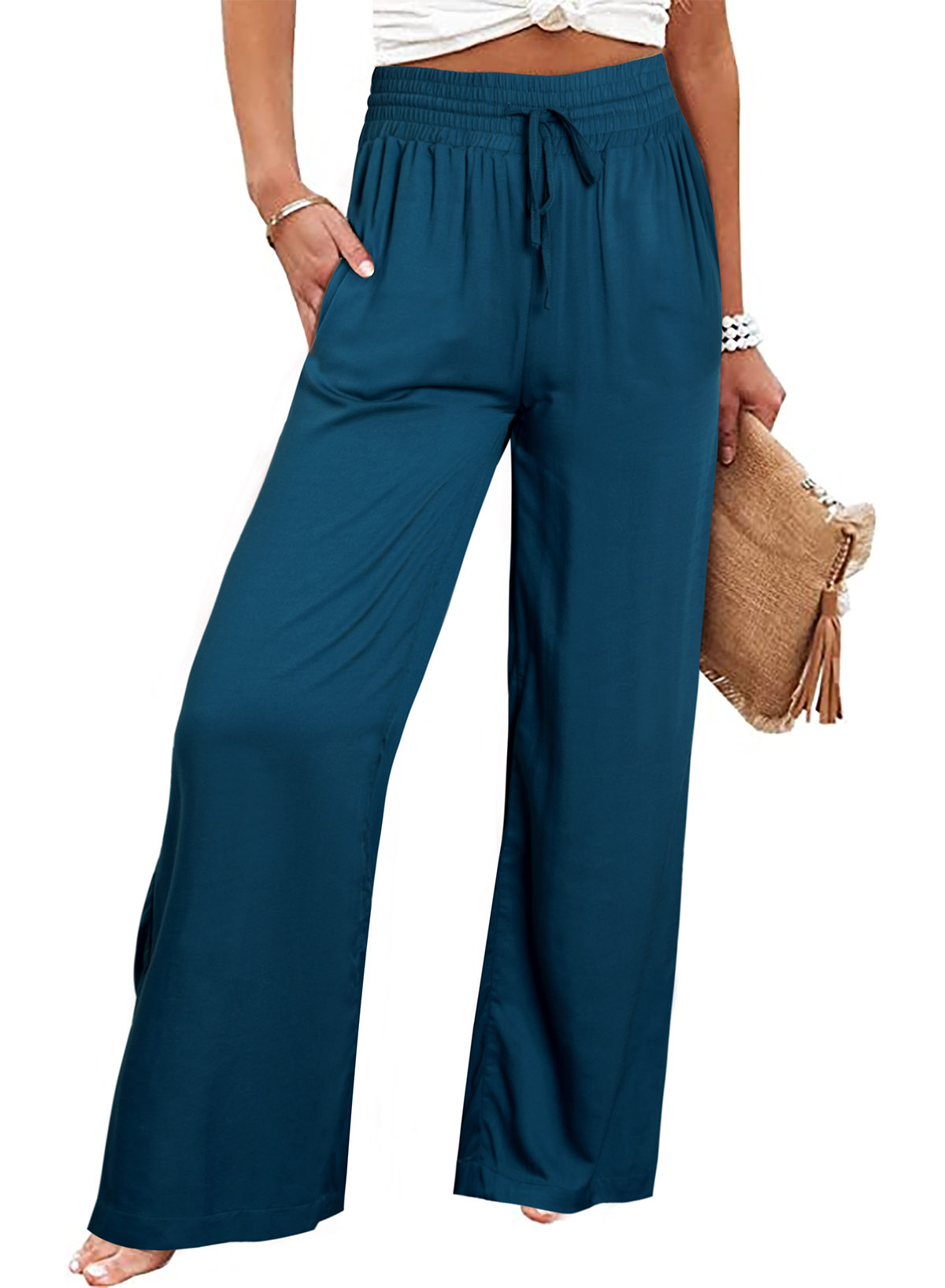 EVALESS Wide Leg Pants for Women Wide Leg Linen Pants Drawstring High ...