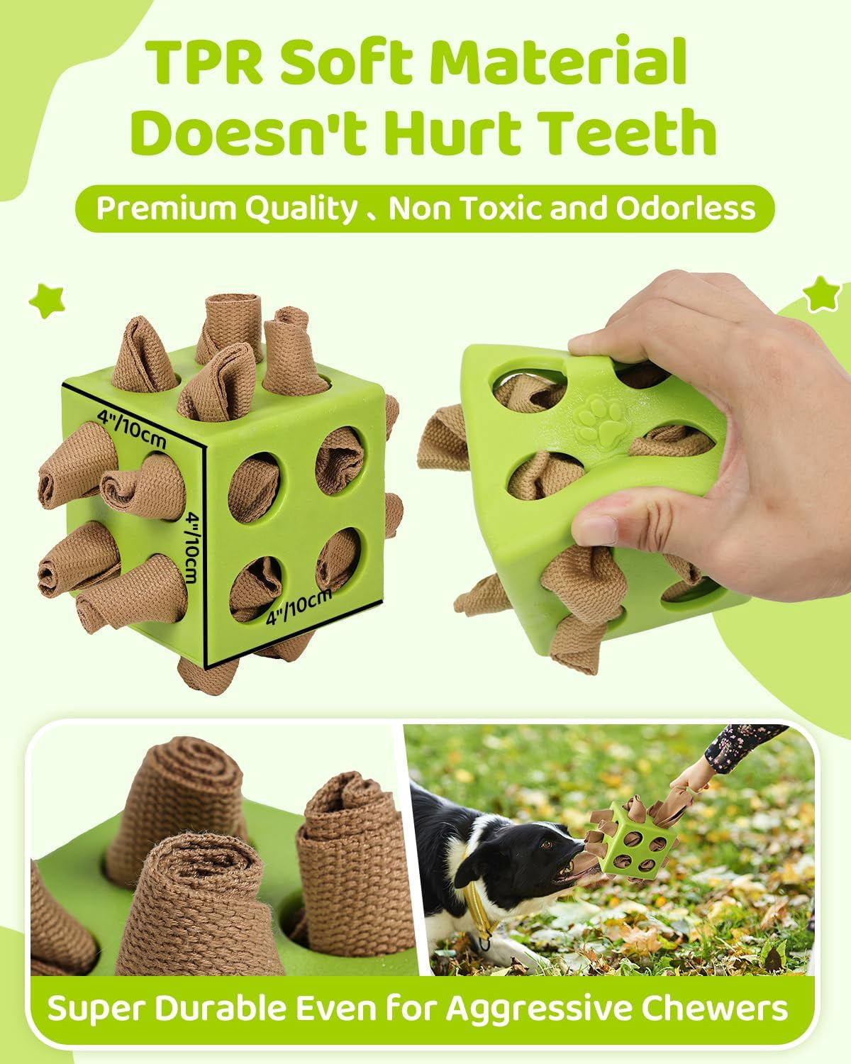 Interactive Dog Puzzle Toy for Natural Foraging Skills, Durable Snuffle Cube with Cloth Strips for Hide & Seek Treats, Slow Feeder for Mental Stimulation and Stress Relief in Green