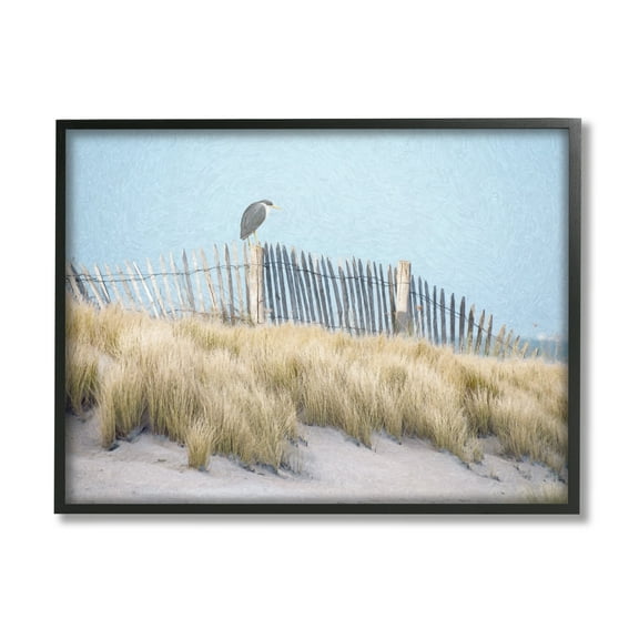 Stupell Bird Perched Nautical Beach Fence Landscape Painting Black Framed Art Print Wall Art